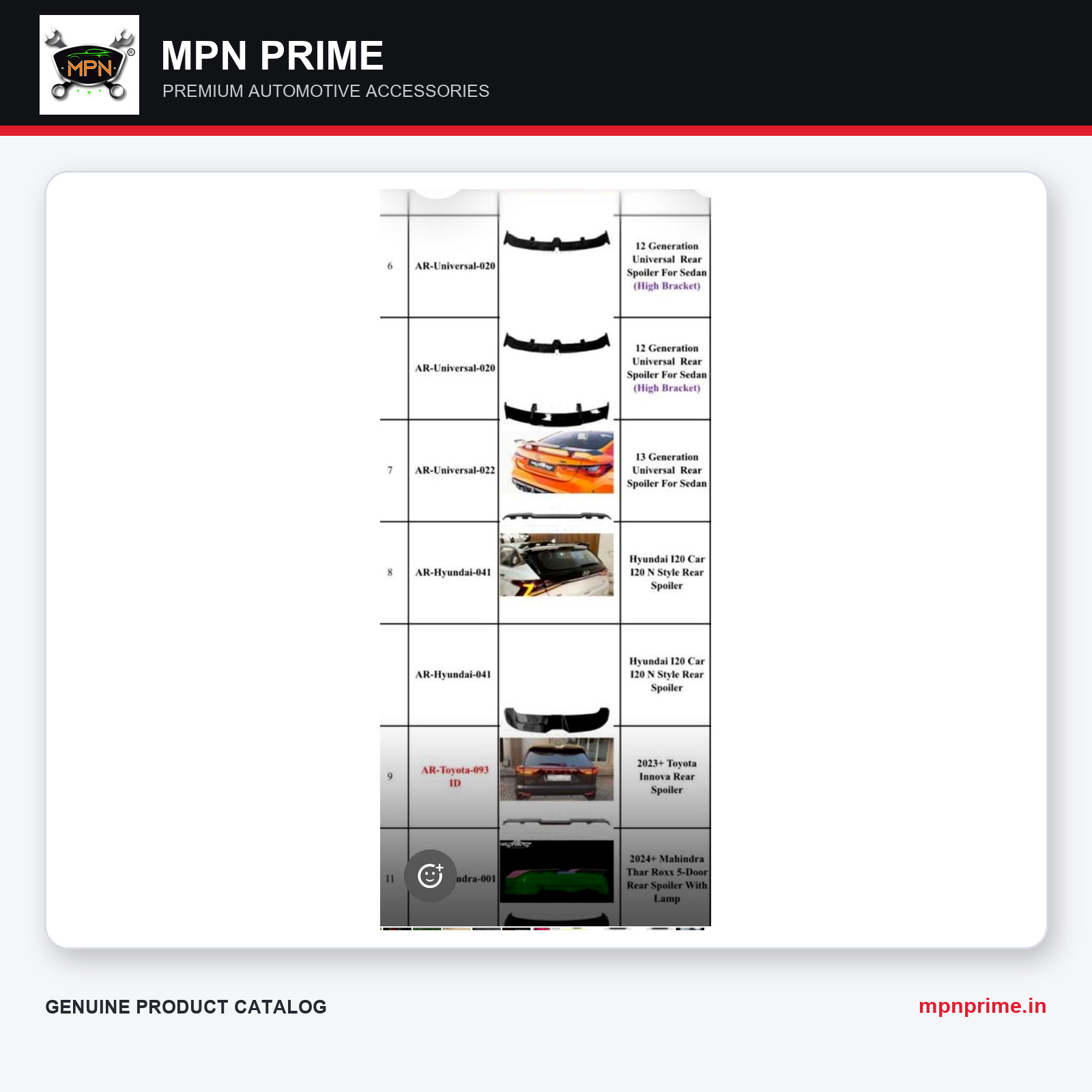 Vehicle Spoiler Model Chart photo 1